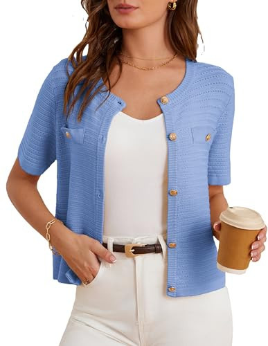 Short Sleeve Cardigans for Women Crew Neck Button Down Soft Summer Sweaters Casual Dreesy Cardigan with Pockets Light Blue XL | Amazon (US)