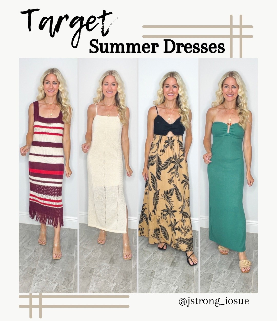 New summer dresses from Target!! Red stripe dress is lined with a tank dress and has a fringe trim. Cream dress has an adjustable tie strap. Black and cream dress has a scoop back and cut out in the front. Green dress is stretchy with stone detailing at the neckline.

#LTKootd #LTKgrwm #LTKdayinmylife