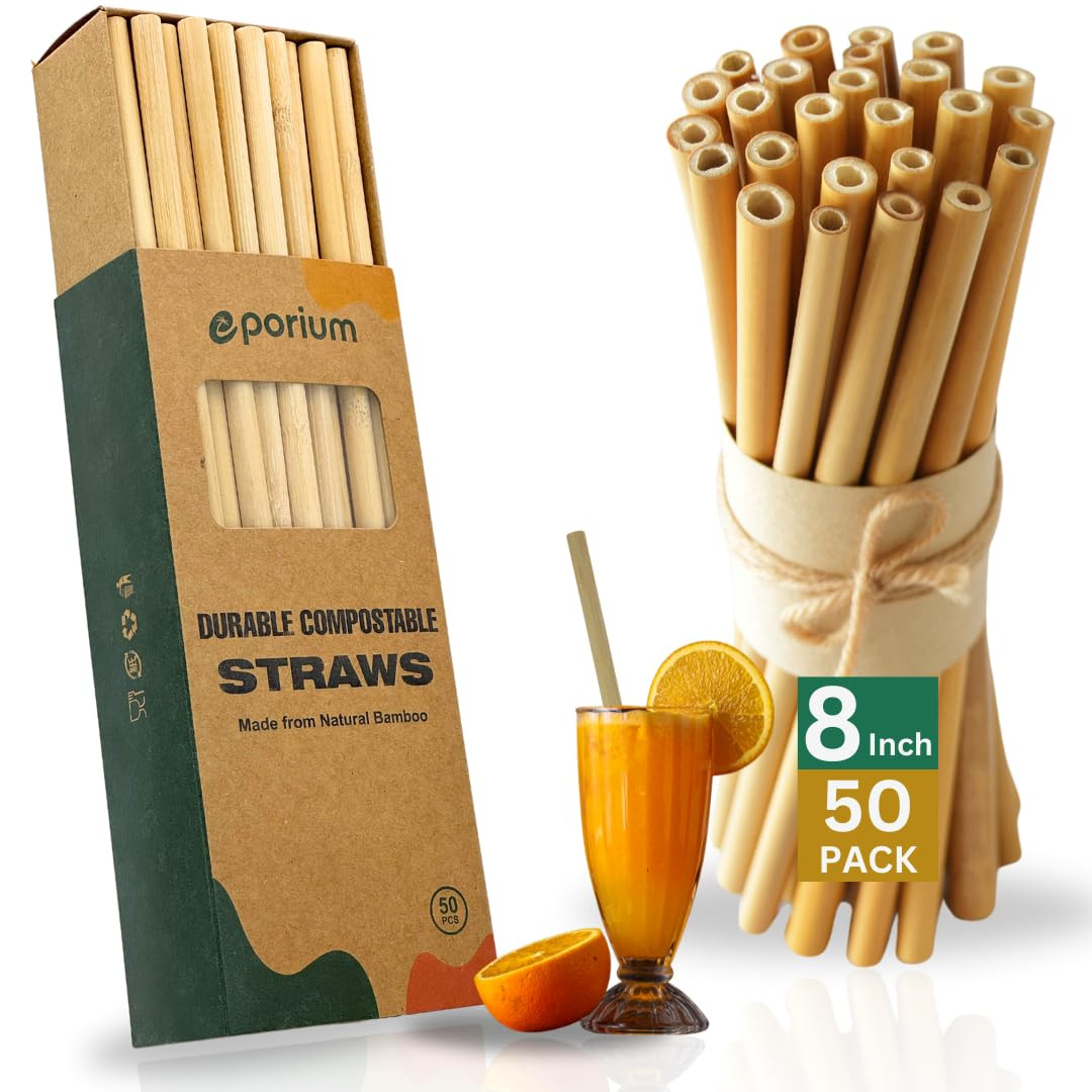 Eco-Friendly 8 Inch Bamboo Straws – 50 Pack Reusable Organic Drinking Straws – Sustainable, B... | Amazon (US)