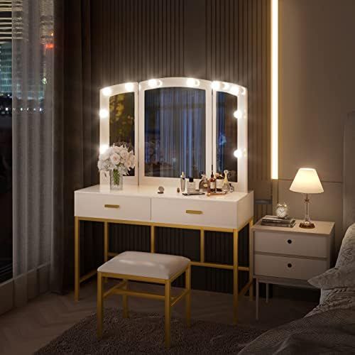 Vanity Desk with Mirror and Lights Makeup Vanity Set with Mirror and Stool Drawers Vanity Mirror ... | Amazon (US)