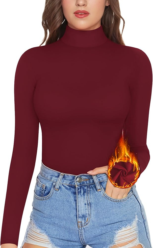 MANGOPOP Women's Mock Turtle Neck Fleece Lined Long Sleeve Thermal Underwear T Shirt Tops Tee | Amazon (US)