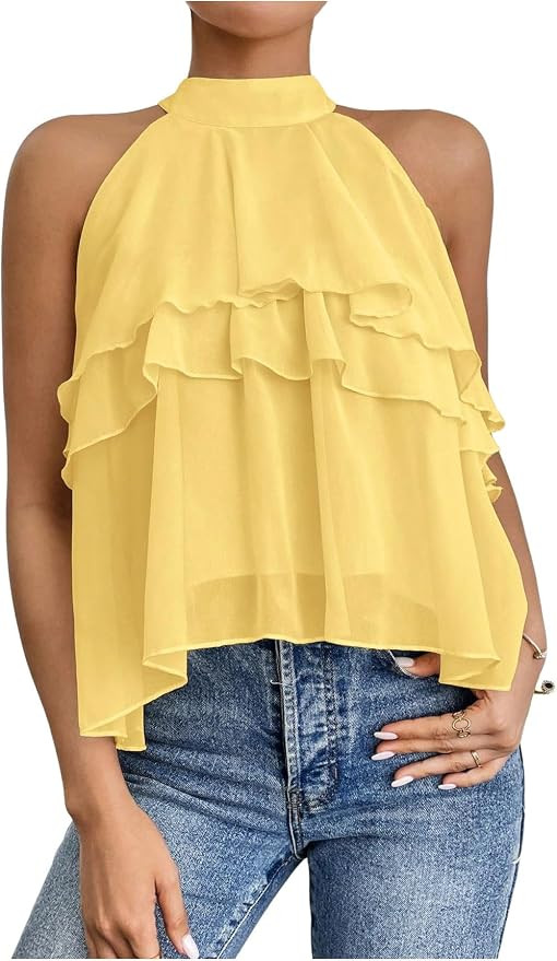 Floerns Women's Ruffle Hem Layered Blouse Top Halter Sleeveless Elegant Shirts | Amazon (US)