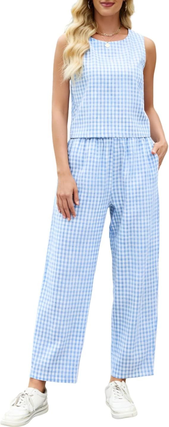 Tanming 2 Piece Sets for Women Summer Gingham Plaid Tank Top Crop Pants Travel Vacation Beach Lou... | Amazon (US)