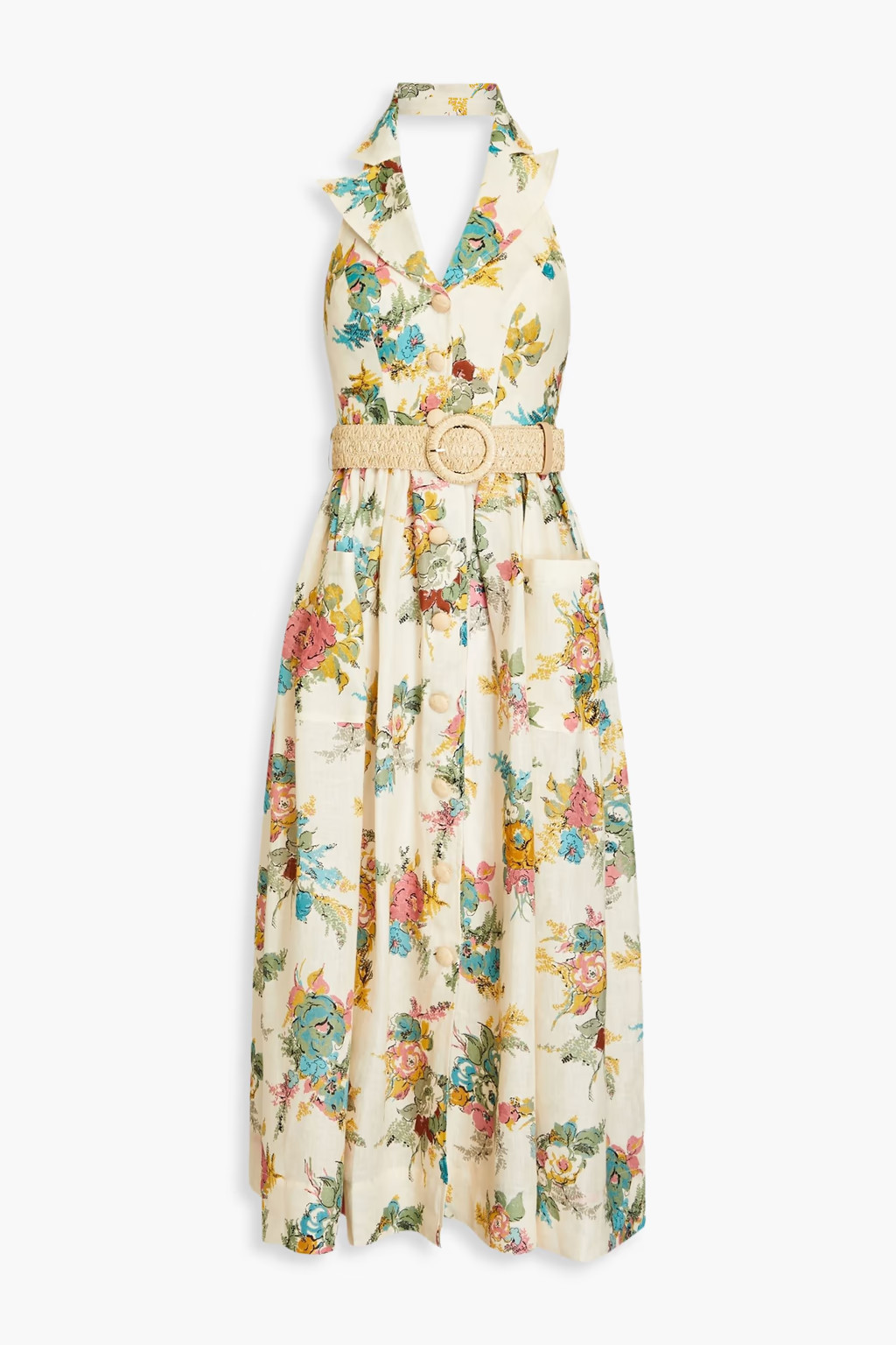 Floral-print linen halterneck midi dress | The Outnet (APAC)