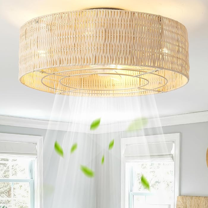 Caged Ceiling Fans with Lights Flush Mount, 20" Rattan Boho Ceiling Fan with Light Remote Control... | Amazon (US)