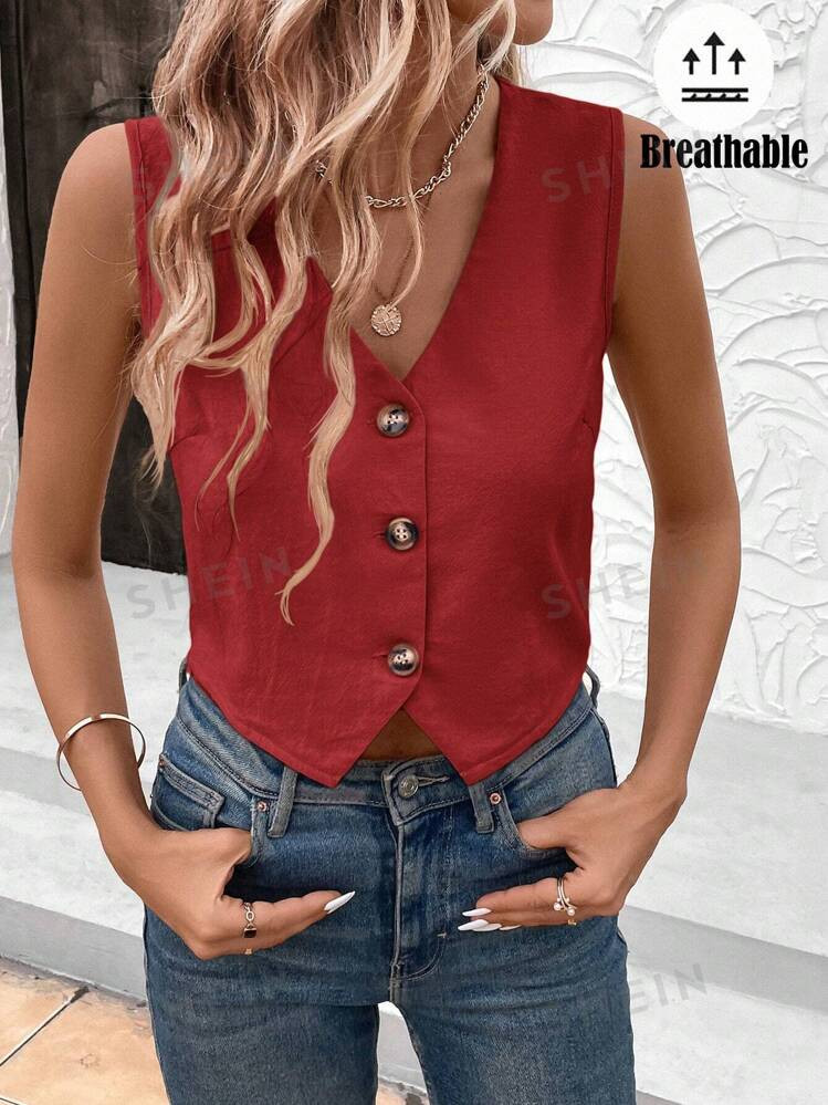 SHEIN LUNE Women's Plain Front Button Sleeveless Minimalist Casual Top | SHEIN USA | SHEIN