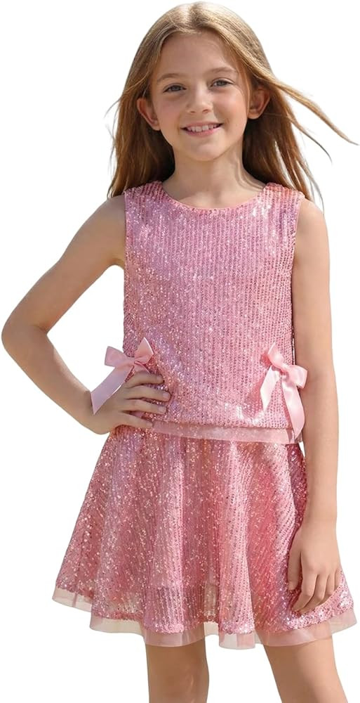 Haloumoning Girls Sequin Skirt Set Kids Sparkly Tank Tops and Flowy A-Line Skirts Skorts Cute Sum... | Amazon (US)