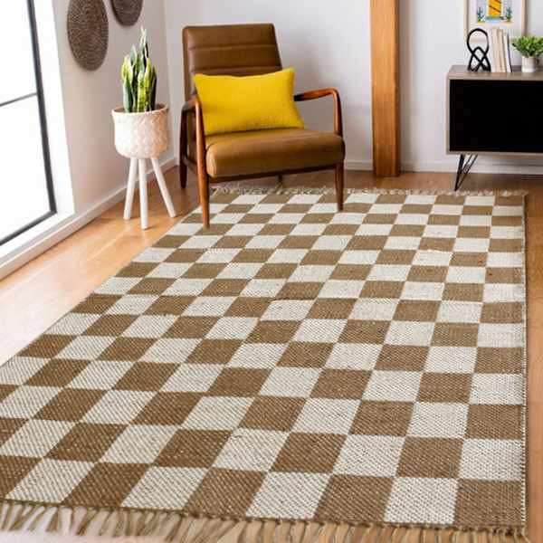 (B871) Brown & Natural Checkered Jute Area Rug, 5x7 | At Home