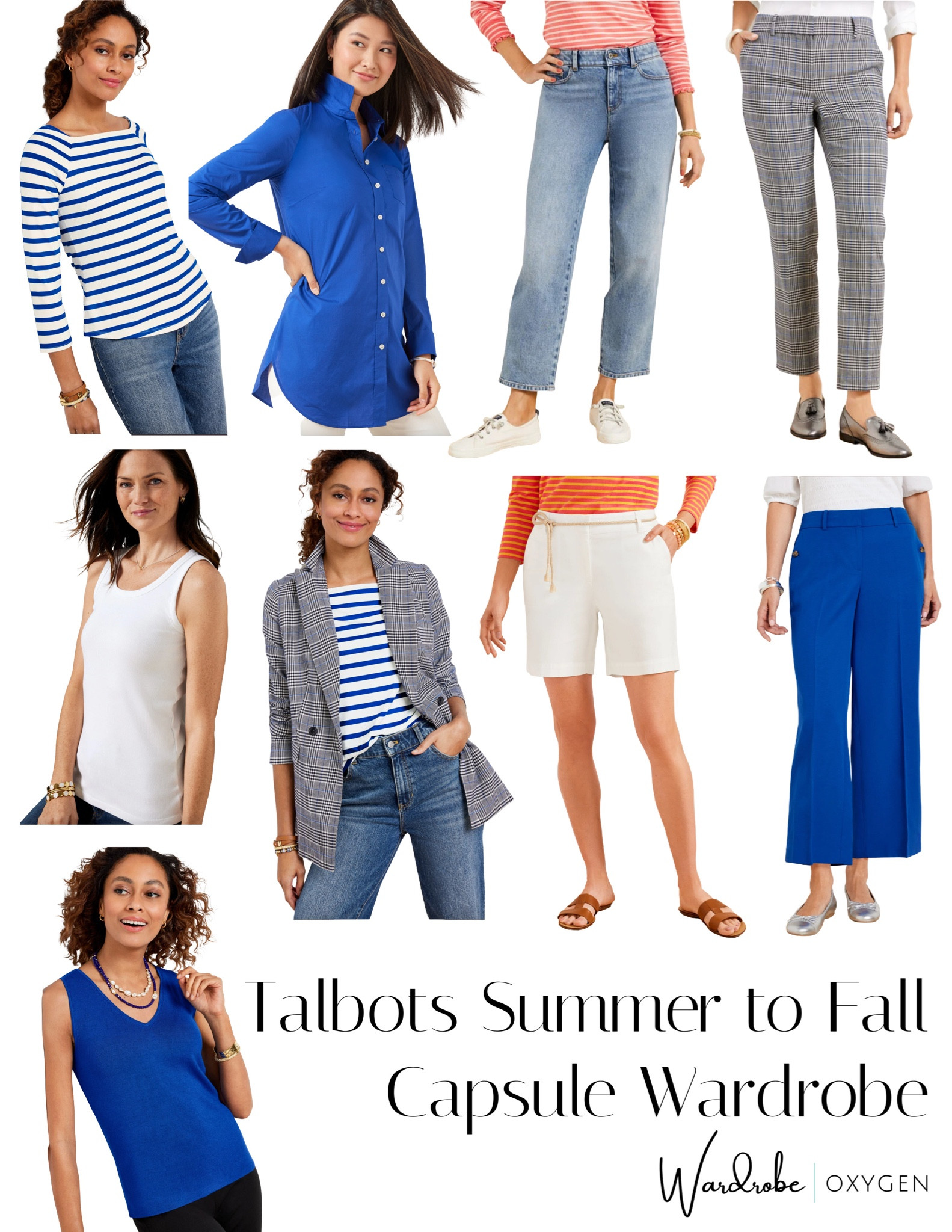 Nine pieces to create looks that will take you from now to November in my latest capsule wardrobe. 
- The vivid blue sweater tank and pants with gold sandals now, with loafers and a cardigan later.
- Wear the boyfriend shirt now as a swim coverup and come fall with the blue pants to create a chic jumpsuit effect.
- The striped top is summer friendly with white shorts and looks chic in September with jeans and the plaid boyfriend blazer.
- Vivid Blue looks smart with white shorts now and with a Glen plaid well into winter.

#capsulewardrobe #midsizestyle #talbots #ad #mytalbots #modernclassicstyle  

#LTKstyletip #LTKcurves #LTKworkwear