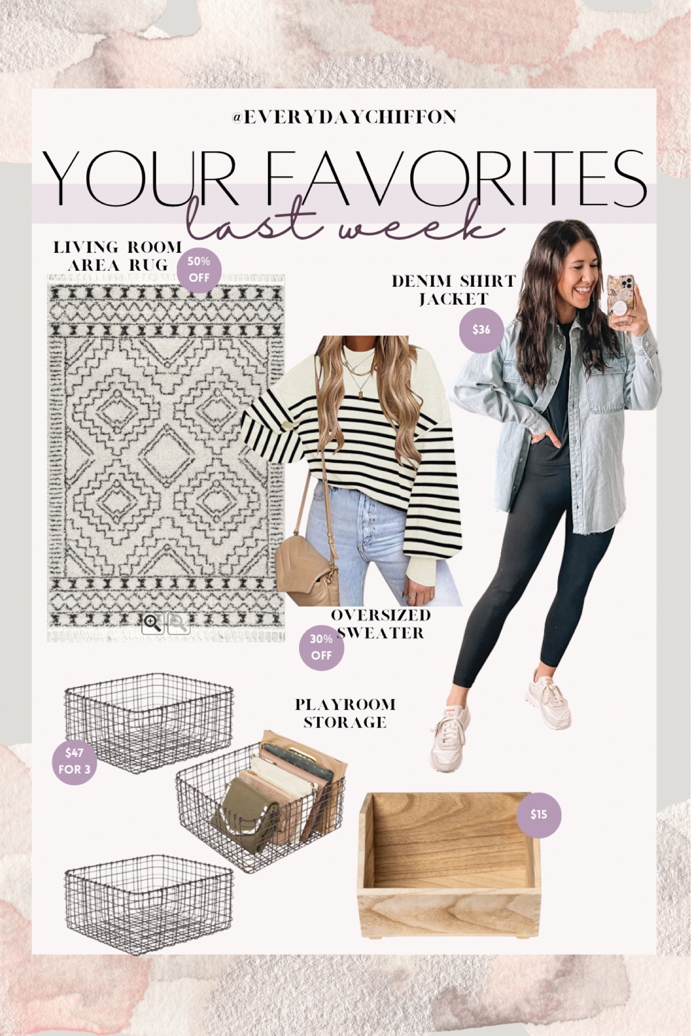 Last week favorites!

Area rug, living room home decor
Oversized sweater, amazon finds
Storage baskets, target finds
Denim shacket, shirt jacket
Denim jacket, target style 
Amazon fashion 
Toy storage, toy organization
Toy baskets

#LTKFind #LTKhome #LTKstyletip