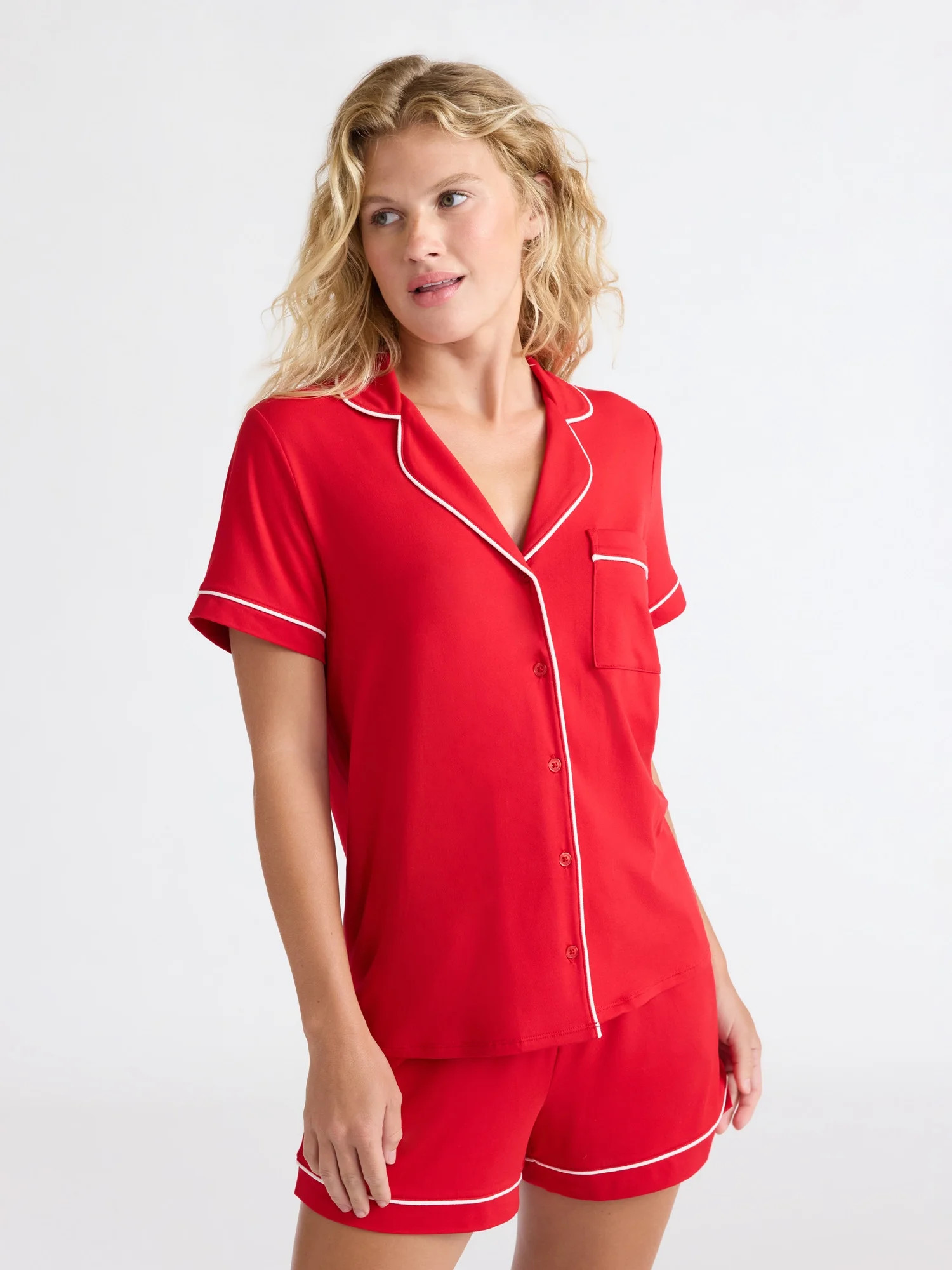 Joyspun Women’s Dreamy Soft Collection Notch Collar Knit Top and Boxer Shorts Pajama Set, Sizes... | Walmart (US)