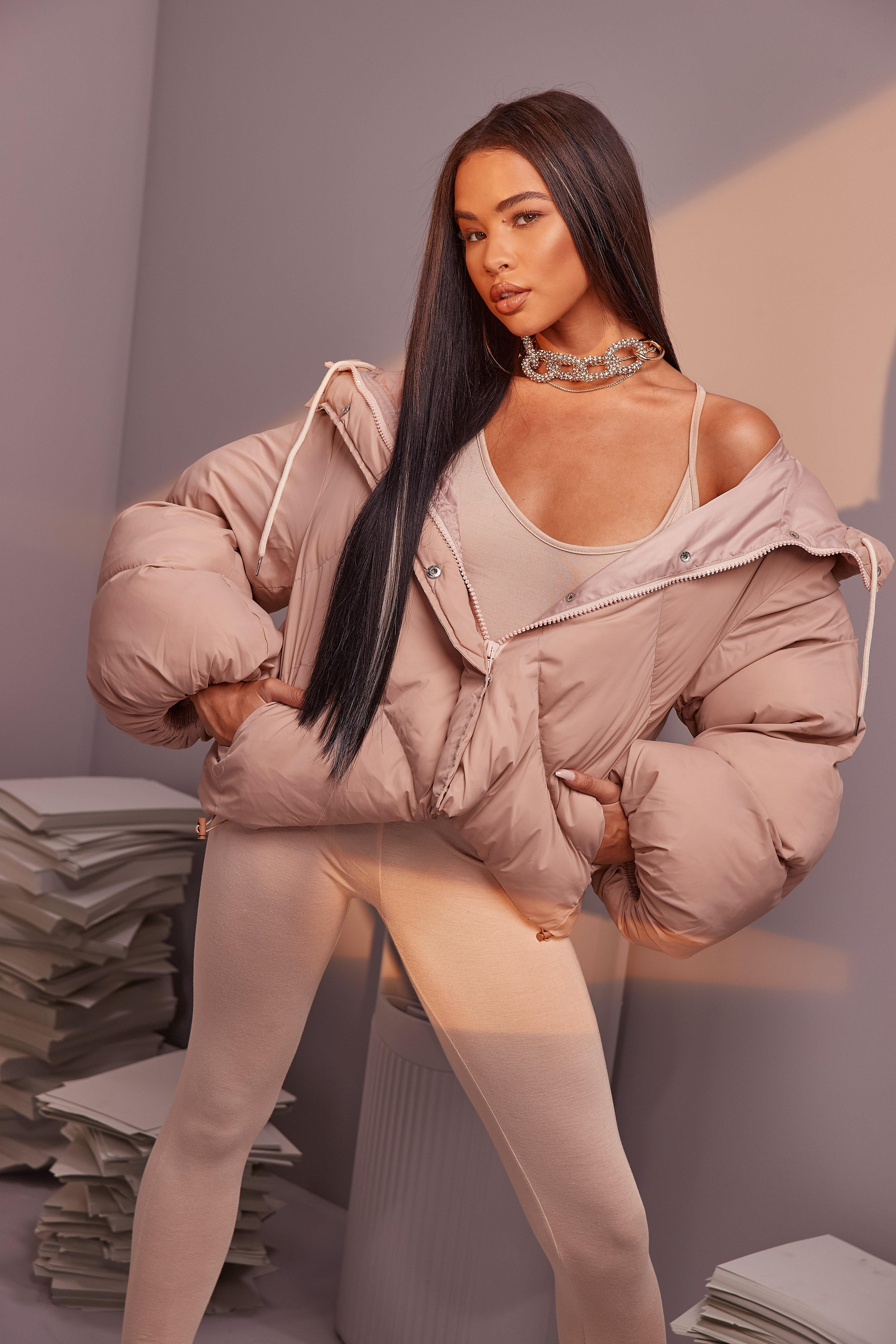 Womens Oversized Sleeve Hooded Puffer Jacket - Beige - 6 | Boohoo.com (US & CA)