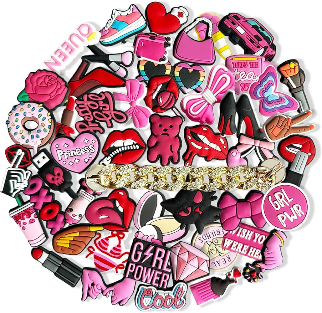 50 Pcs Pink Shoe Charms with Bling Chain,Exquisite Boxed Lovely Shoe Charms Decoration for Girls ... | Amazon (US)