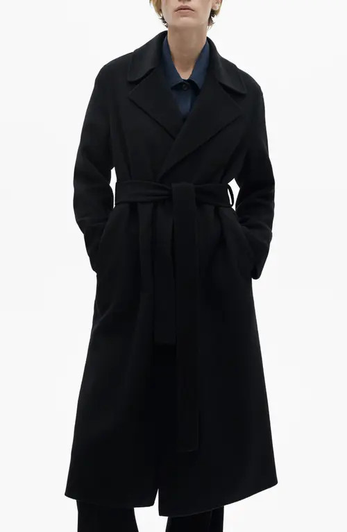 MANGO Tie Belt Wool Blend Coat in Black at Nordstrom, Size Xx-Small | Nordstrom