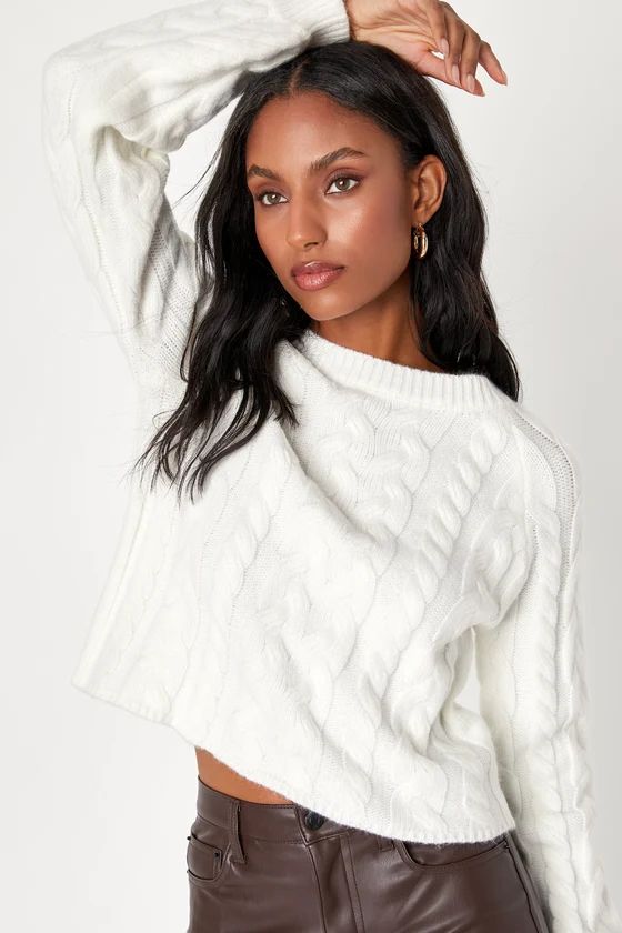 Warmest Aura Ivory Cable Knit Balloon Sleeve Pullover Sweater | Lulus (US)