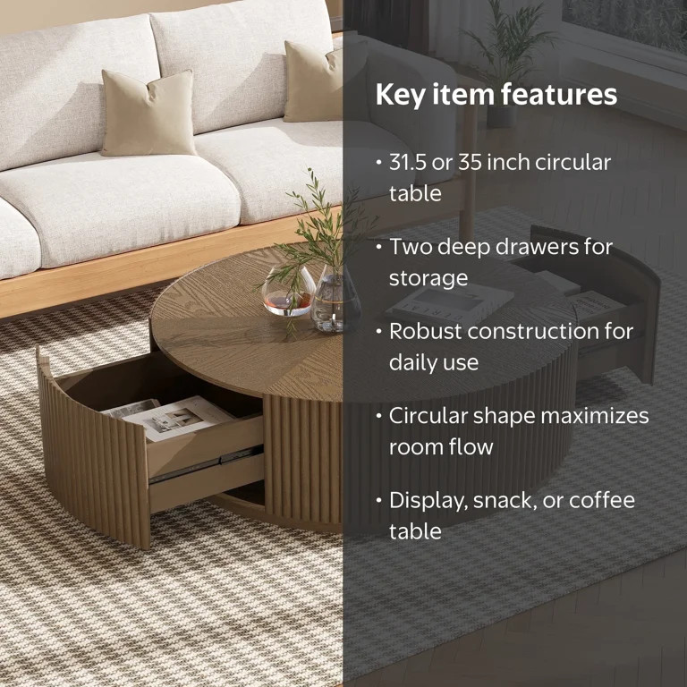 Gelloan 35" Round Coffee Table with Two Drawers\uff0cCircle Coffee Table Space-Saving Multiple Pu... | Walmart (US)