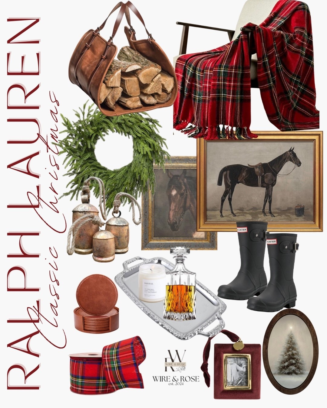 Ralph Lauren Christmas aesthetic  👢 🌲🐎  A hint of plaid, greenery, equestrian, cut glass decanter, silver tray. Think collected, layered in tradition and heirlooms. I personally love this timeless style. Read more on my blog, Wire & Rose wireandrose.com

🏷️ Ralph Lauren style home // Christmas decor , horse art , horse framed picture , candle , leather coasters , leather pillow , plaid throw blanket , hunter boots , wood carrier , framed equestrian art , plaid ribbon  

#LTKHome #LTKHoliday #LTKStyleTip