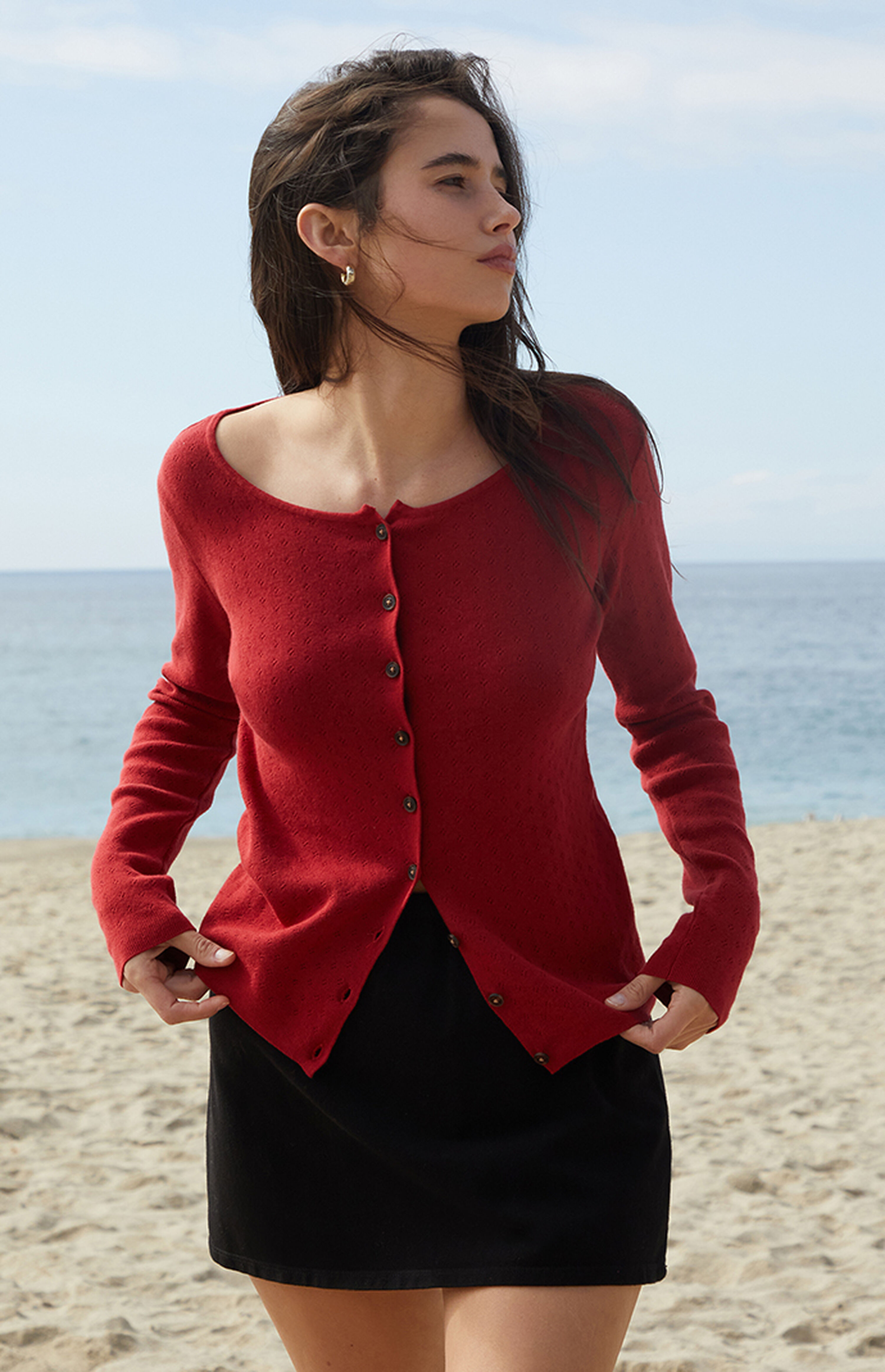 John Galt Red Athelia Pointelle Cardigan | PacSun