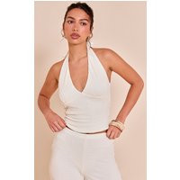 Cream Halter Neck Textured Plunge Crop Top, White | PrettyLittleThing UK