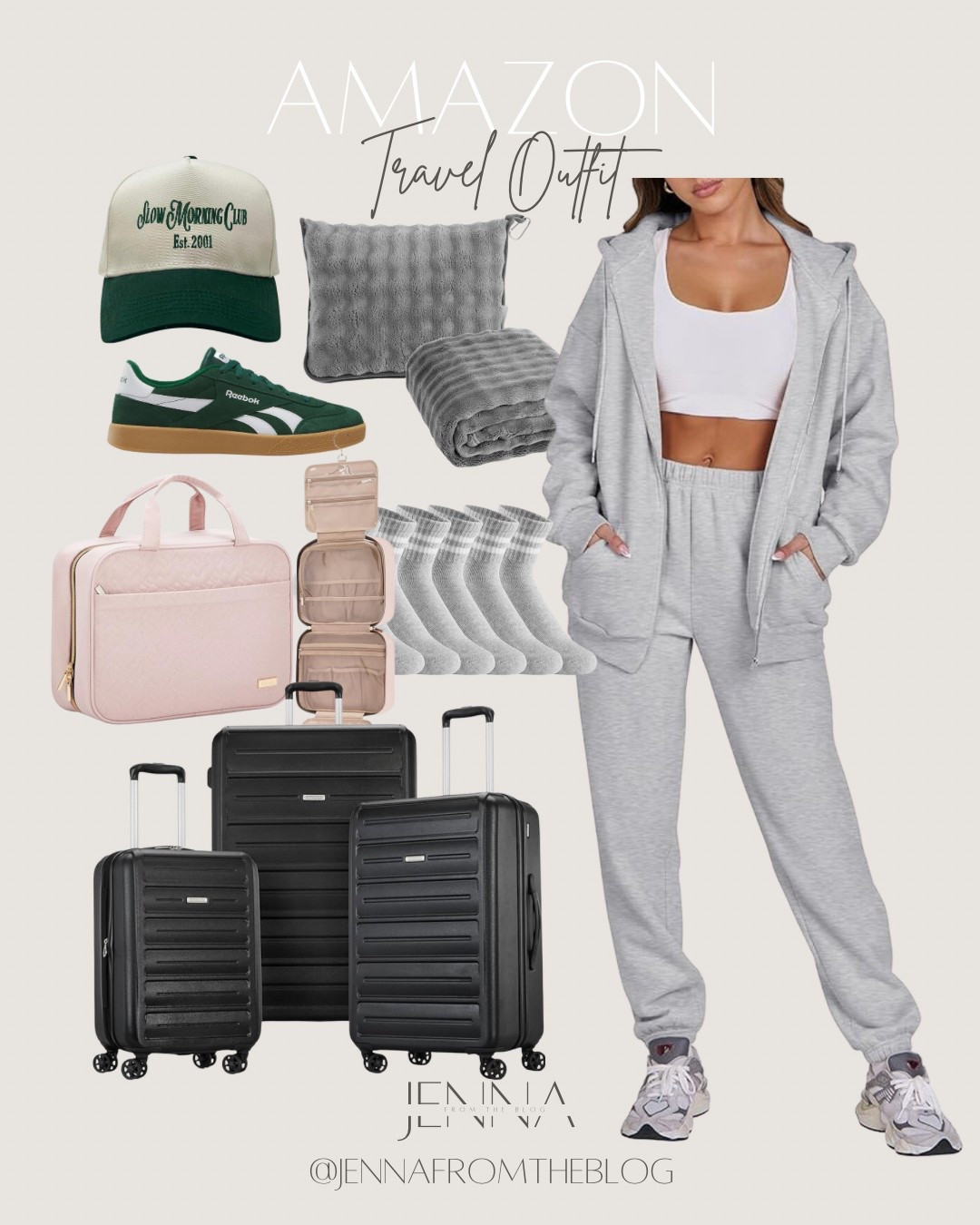 Travel outfit. Travel essentials. Airport outfit. Luggage set. Sweatsuit. Makeup travel bag. Everyday outfits. Easy outfits. Easy outfit ideas. Neutral basics. Winter outfits. Winter outfit idea. Casual outfits. Basic mom outfit. Casual outfit idea. Casual outfit. Everyday outfit. Mom outfit. Street style. 

#LTKTravel #LTKFindsUnder100 #LTKFindsUnder50