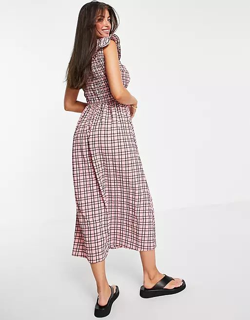 River Island gingham shirred midi dress with collar in pink | ASOS (Global)