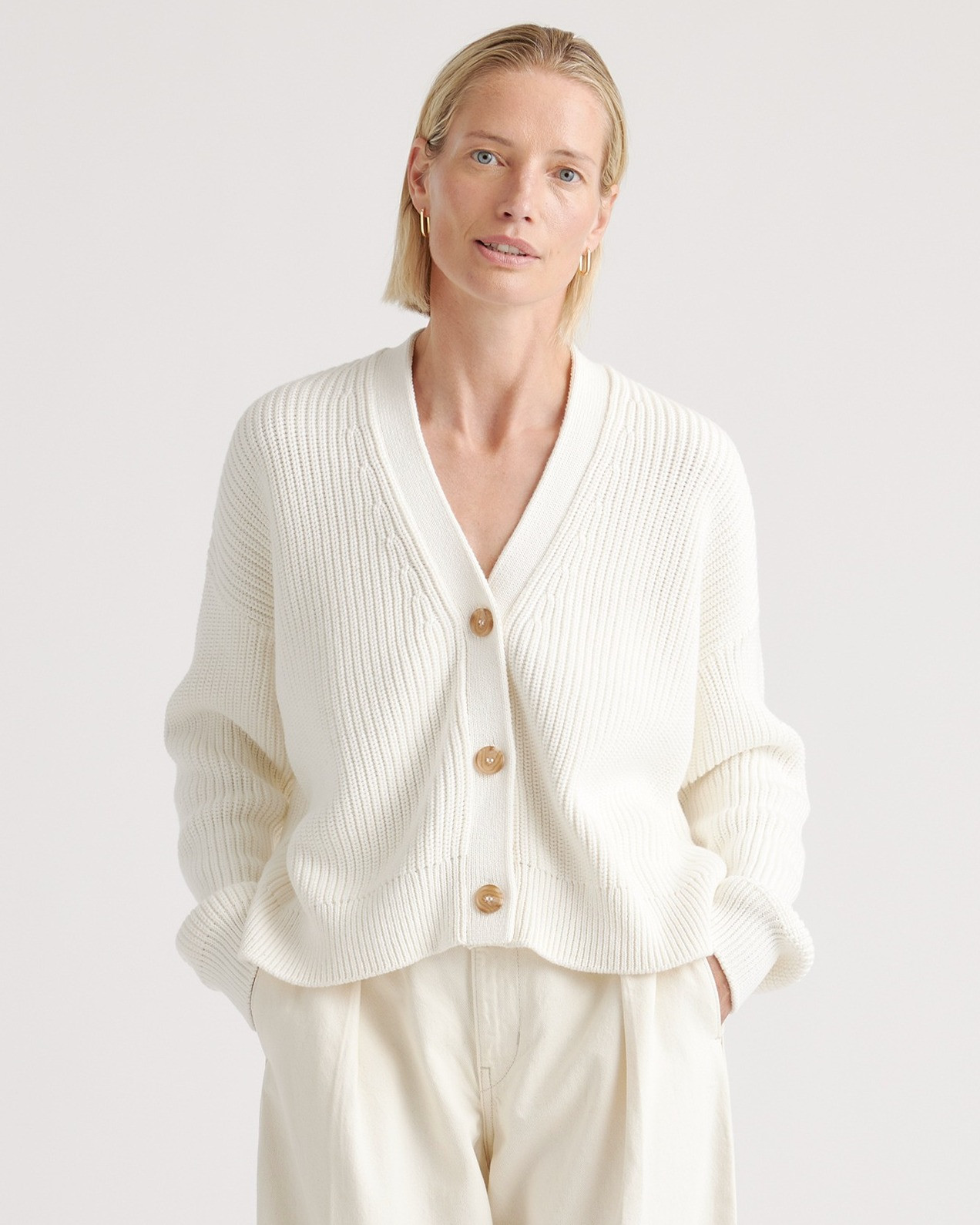 Quince | Women's Fisherman Boxy Cropped Cardigan Sweater in Ivory, Size XS, Organic Cotton | Quince