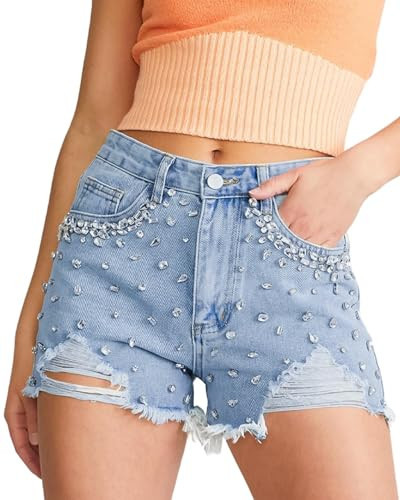 EZAPINE Bling Denim Shorts for Women High Waist Sparkly Rhinestone Shorts | Amazon (US)