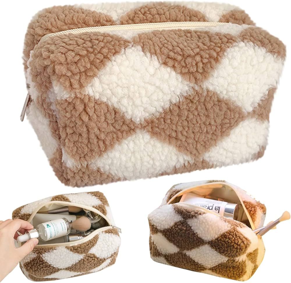 Terry Cloth Makeup Bag, Checkered Plush Cosmetic Bag, Asthetic Plaid Handbags, Cute Zipper Large ... | Amazon (US)