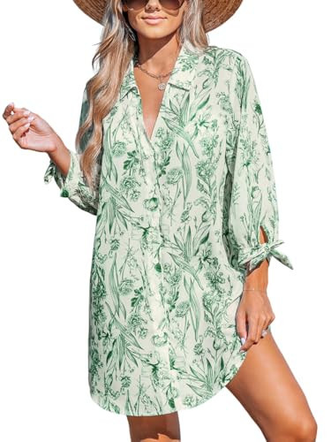 CUPSHE Women Mini Summer Dresses Cover Up Floral Top Shirt 3/4 Sleeve Cuff Tie Button Down Casual Sundress Beach Dress Cover Ups, Green Floral XXL | Amazon (US)