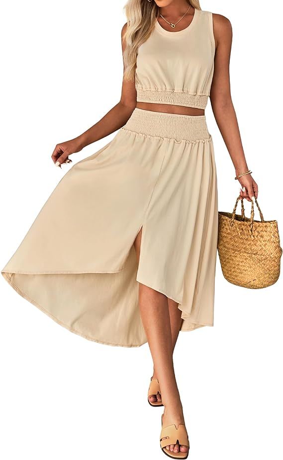 luvamia Two Piece Skirt Sets for Women Smocked Crop Top High Waisted High Low Split Maxi Skirt Co... | Amazon (US)