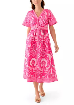 Crown & Ivy™ Women's Short Sleeve Embroidered Belted Midi Dress | Belk