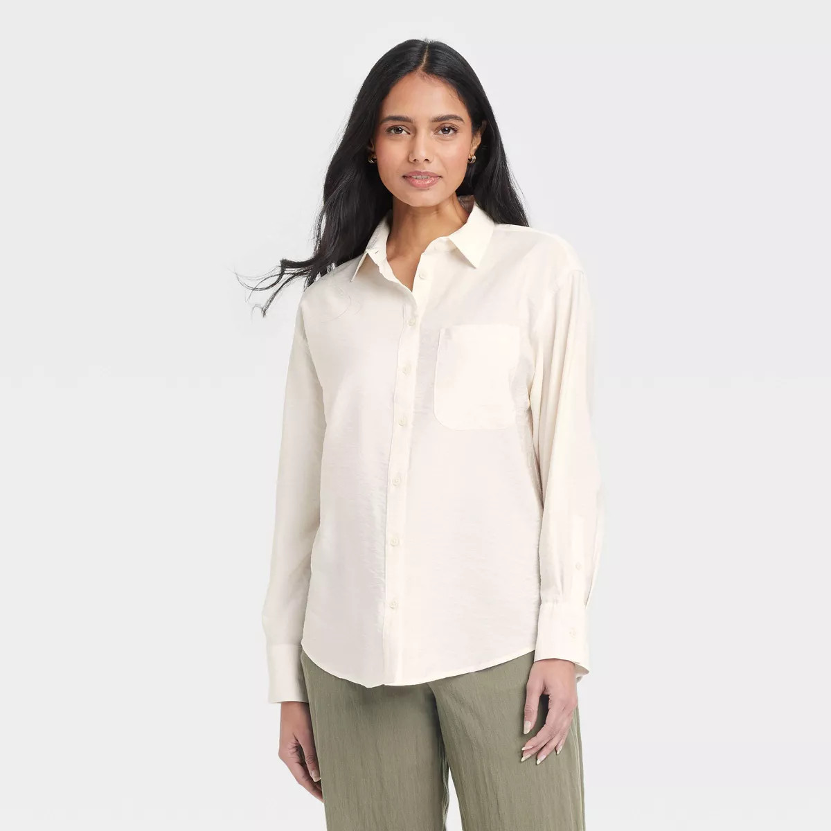 Women's Oversized Long Sleeve Crinkle Button-Down Shirt - A New Day™ Cream XS: Rayon-Nylon Blen... | Target