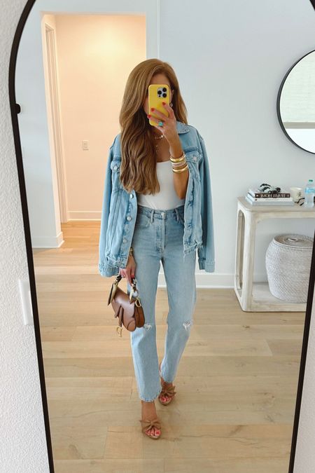 Double denim- love this oversized jean jacket, high waist straight leg jeans and white tank for a mindless outfit! Xs in the jacket, normal denim size 

#LTKStyleTip #LTKFindsUnder100 #LTKShoeCrush