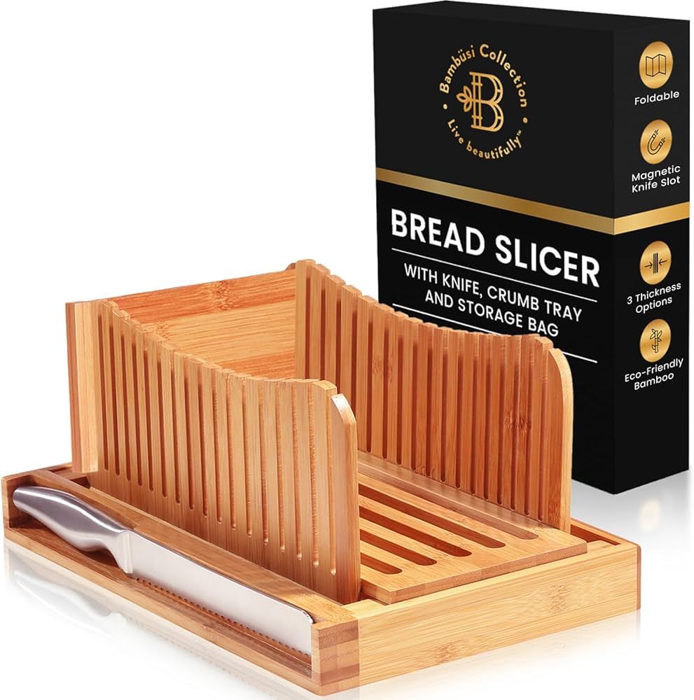 Bambüsi Bamboo Bread Slicer with Knife - 3 Slice Thickness, Foldable Compact Cutting Guide with ... | Amazon (US)