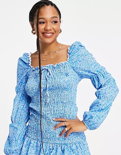ASOS DESIGN shirred mini dress with long sleeves in blue ditsy floral | ASOS (Global)