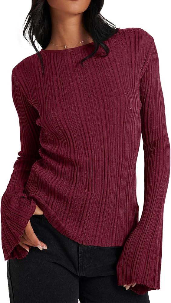 Cicy Bell Womens Bell Sleeve Tops Lightweight Sweater Fall Knitted Pullover | Amazon (US)