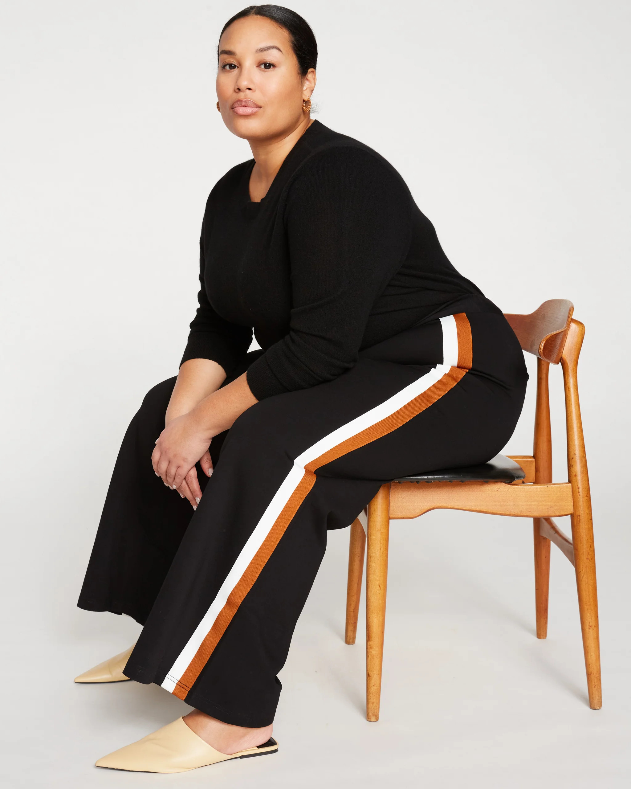 Stephanie Wide Leg Stripe Ponte Pants 30 Inch
   Black with Ochre/White Stripe | Universal Standard