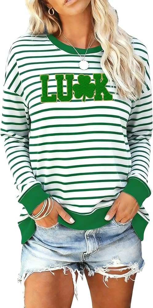St Patricks Day Sweatshirts for Women Irish Lucky Clover T-Shirts Embroidered St Pattys Sweater L... | Amazon (US)