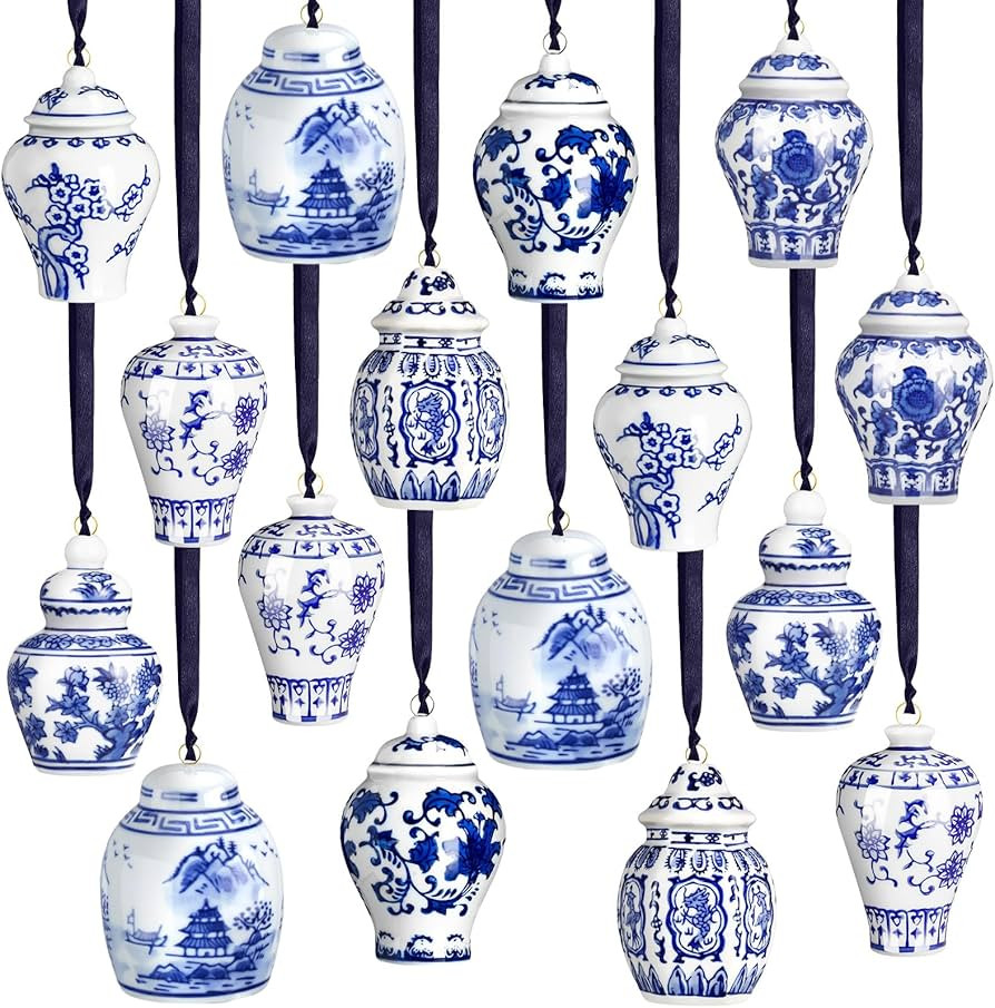16 Pcs Christmas Chinoiserie Ornaments Mini Ginger Jar Ornaments Blue and White Christmas Hanging... | Amazon (US)