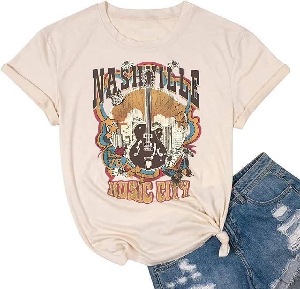 Nashville T-Shirt for Women Country Music Rock Band Shirts Vintage Western Graphic Tees Short Sle... | Amazon (US)