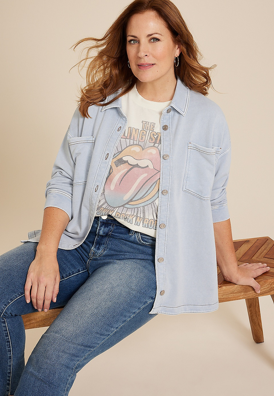 Plus Size Washed Knit Denim Shacket | Maurices