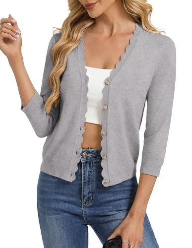 GRACE KARIN Womens Gray Cropped Cardigan Sweater, Lightweight 3/4 Sleeve Shrugs Trendy, Button Dressy Casual Fall Fashion | Amazon (US)