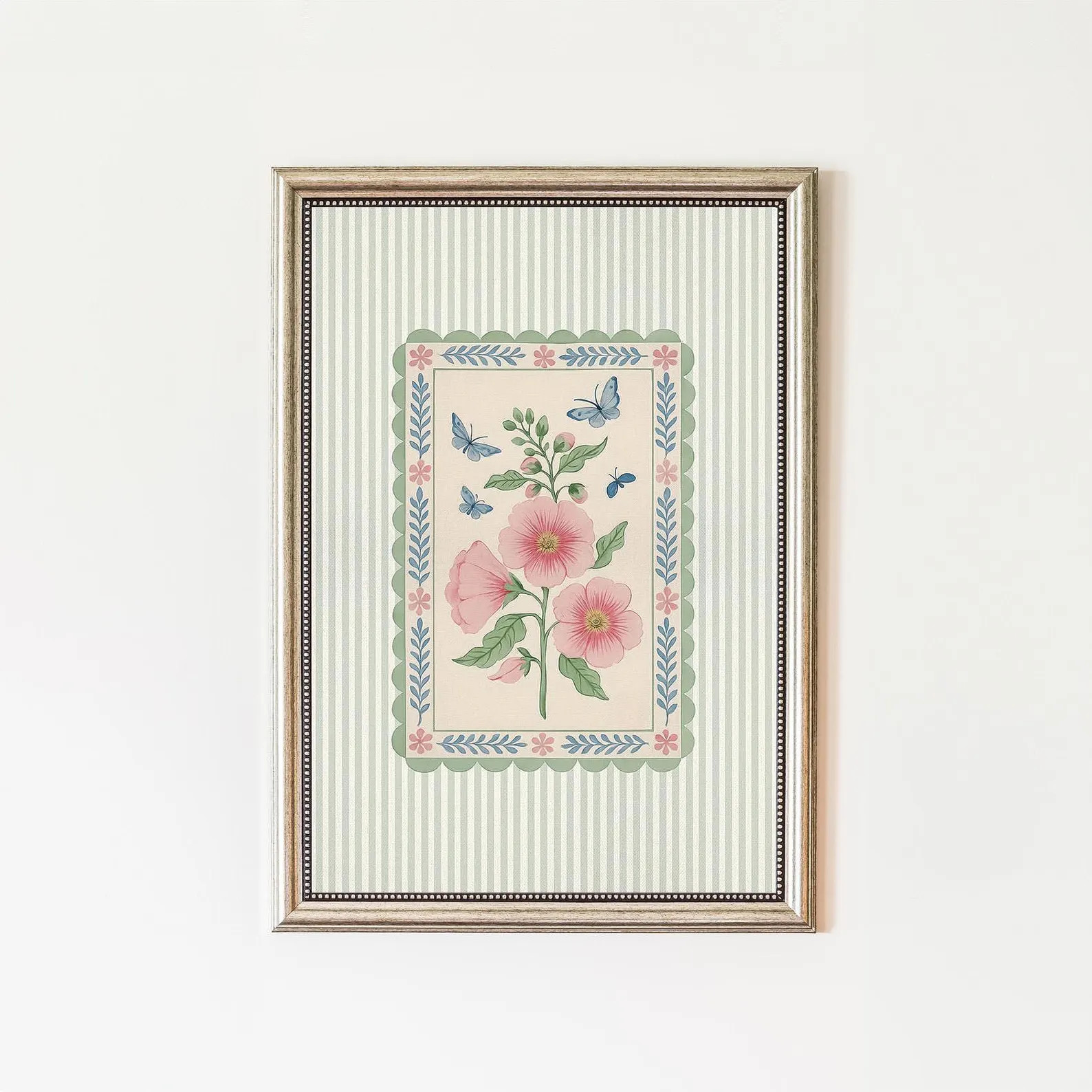 Vintage Botanical Floral & Butterfly Striped Wall Art, Grandmillennial Cottagecore Printable, Sag... | Etsy (Global)
