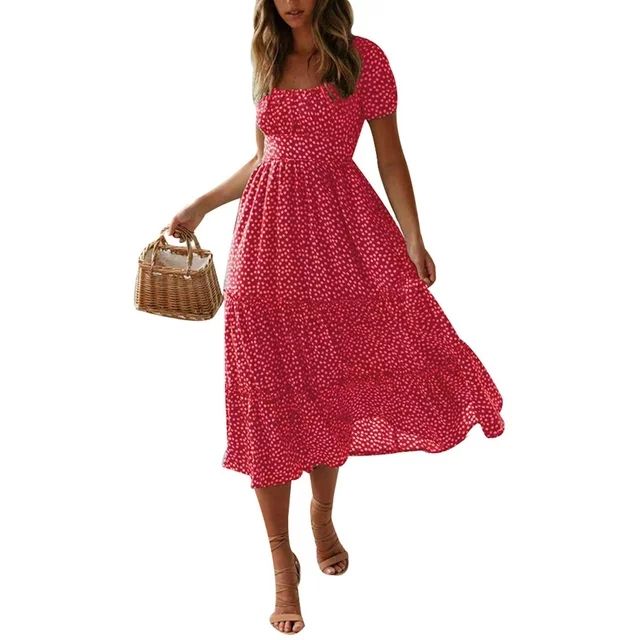 DYMADE Women Boho Floral Print Summer Short Sleeve Midi Dress - Walmart.com | Walmart (US)