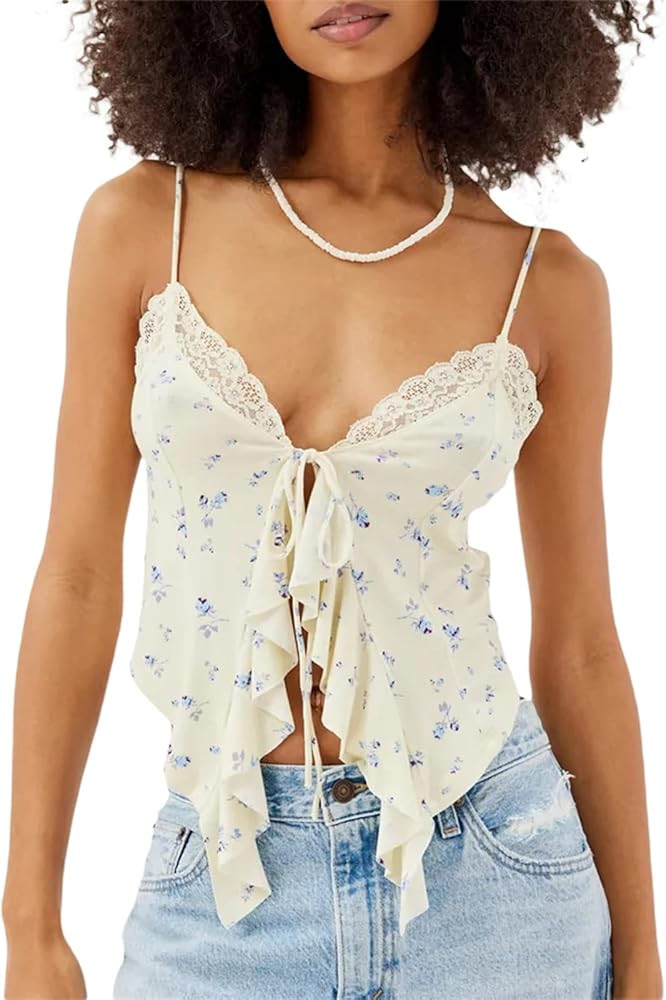Women Lace Trim Tank Top Sleeveless V Neck Tie Front Camisole Aesthetic Backless Fairy Mini Vest | Amazon (US)