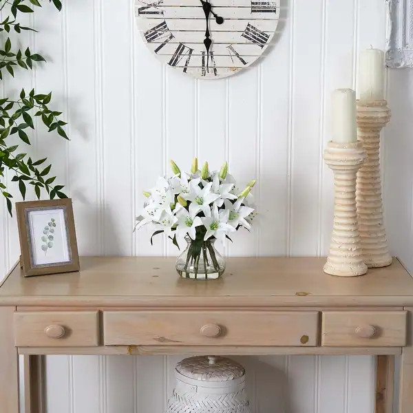 Nearly Natural White Faux Lily Arrangement With Clear Glass Vase - Green | Bed Bath & Beyond