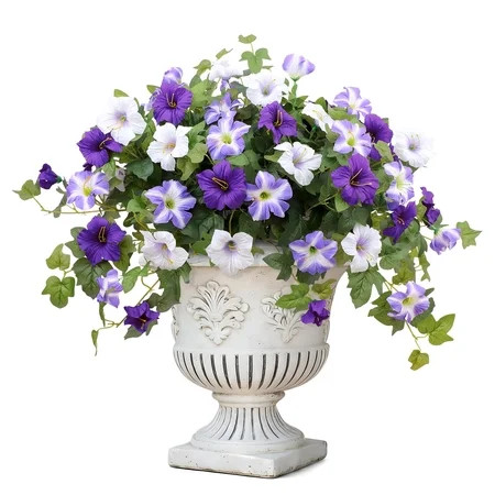 HKKDKTA Artificial Flowers for Outdoors,2pcs Artificial Petunias Silk Flower UV Resistant Fake Flower for Garden Yard Porch (Purple White) | Walmart (US)