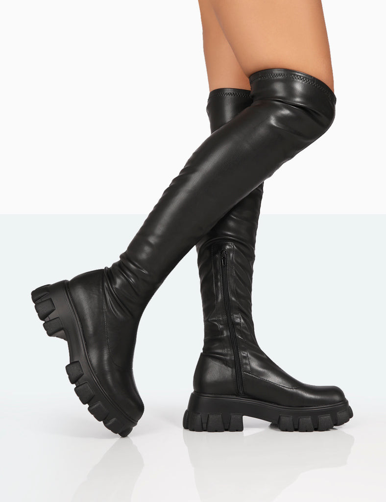 Junya Black PU Over The Knee Chunky Sole Boots | Public Desire
