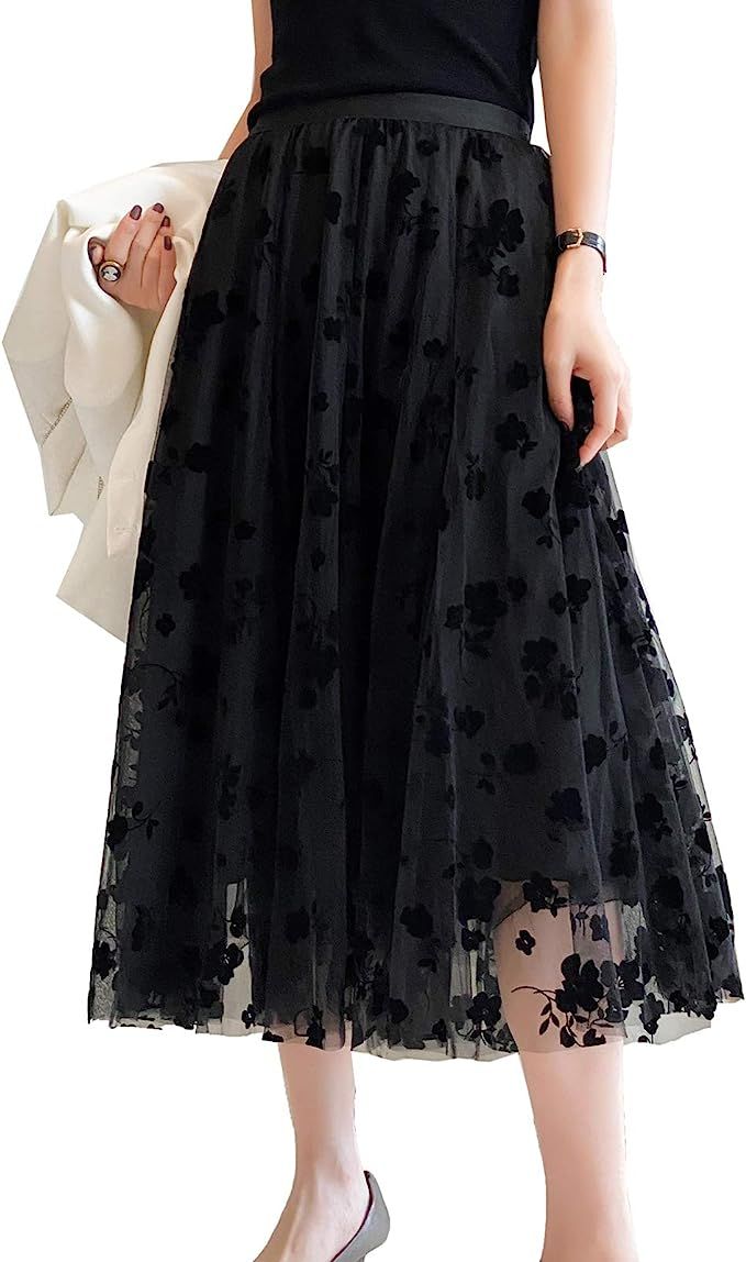 Women Elastic Waist Tulle Midi Skirt, High Waist Floral Print Mesh A Line Maxi Skirt | Amazon (US)