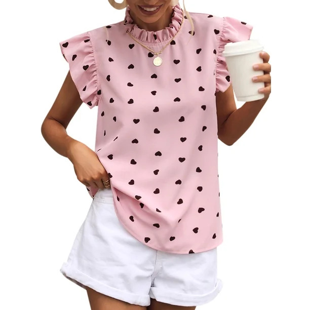 STARVNC Women Heart Graphic Half High Collar Ruffle Short Sleeve Top | Walmart (US)